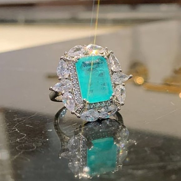 🍂  925 Silver Exclusive Blue Emerald Cut Cubic Zirconia Ring, FB16FA1064 - Picture 2 of 6